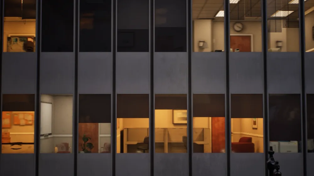 Illuminated offices seen through the dark exterior of the NULL building